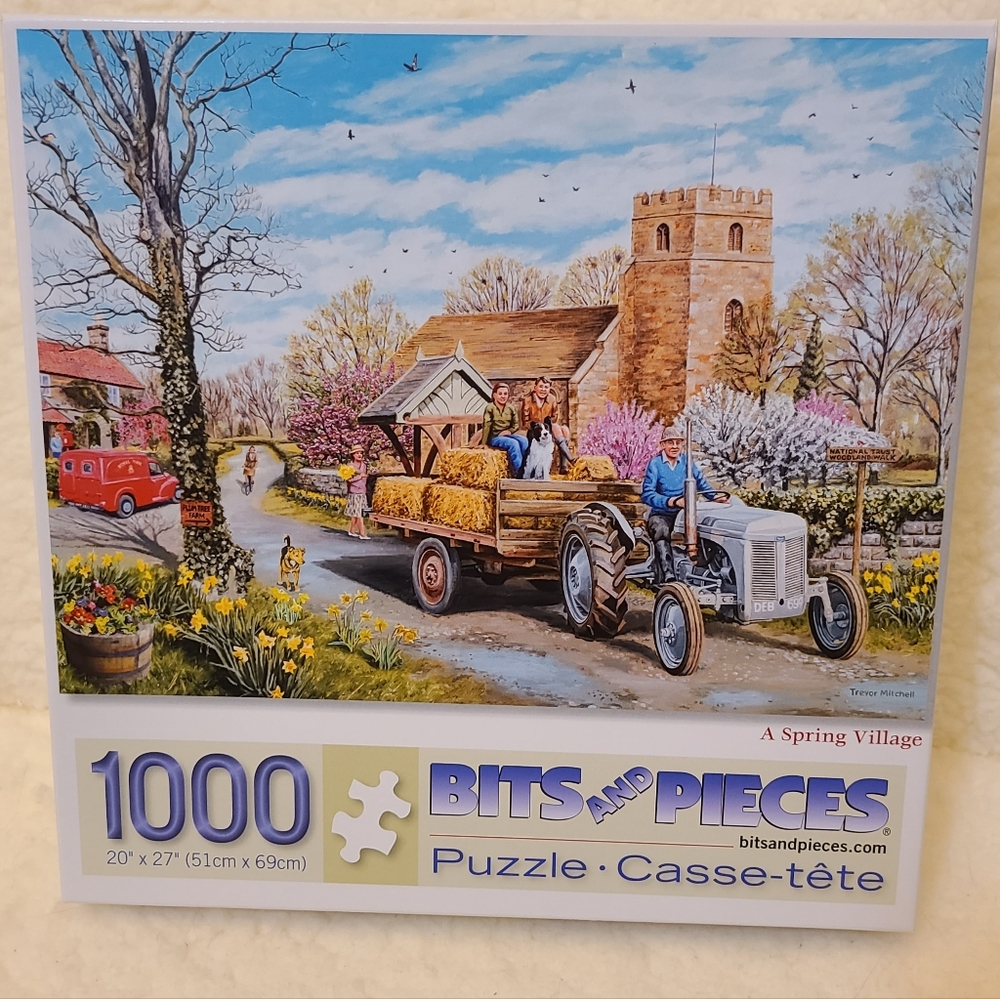 Spring Village 1000-Piece Puzzle Vintage Ford Tractor Hayride Dogs Kids Flowers